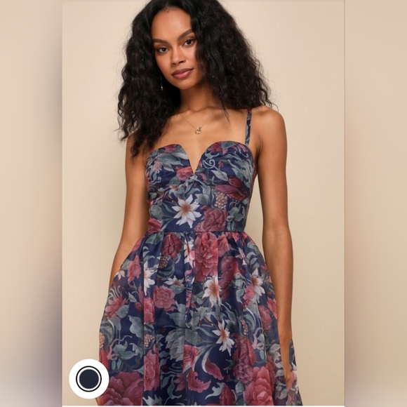 Lulu's Cherished Aura Navy Blue Floral Organza Bustier Midi Dress. Size XL. NWT - Picture 4 of 4